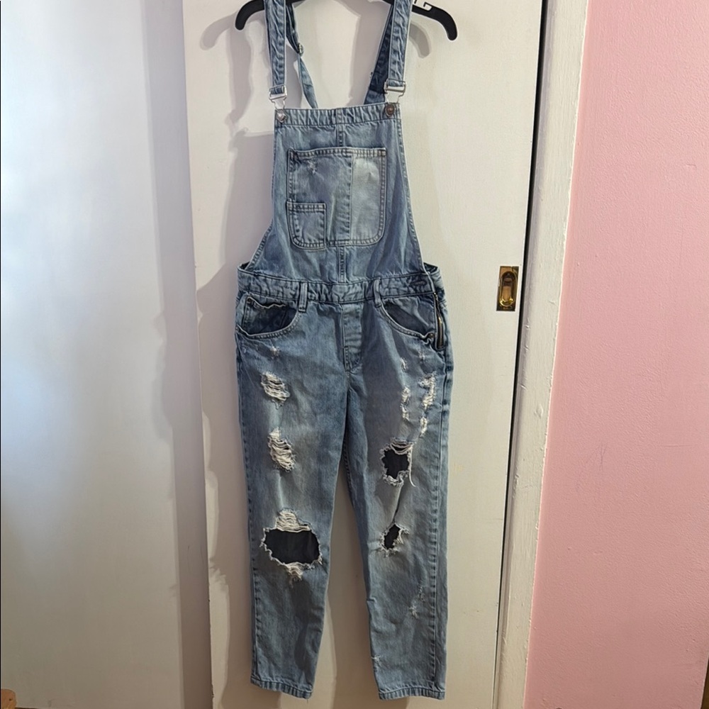 Zara Distressed Denim Overalls